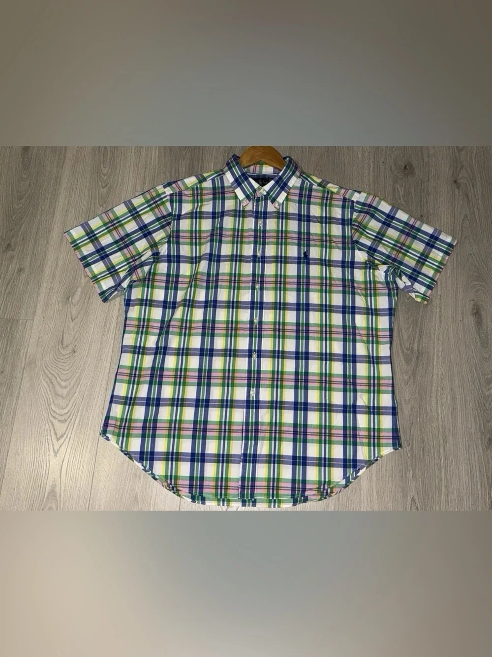 Ralph Lauren Men's XL Plaid Oxford Short Sleeve Shirt Pastel Pink Green Yellow